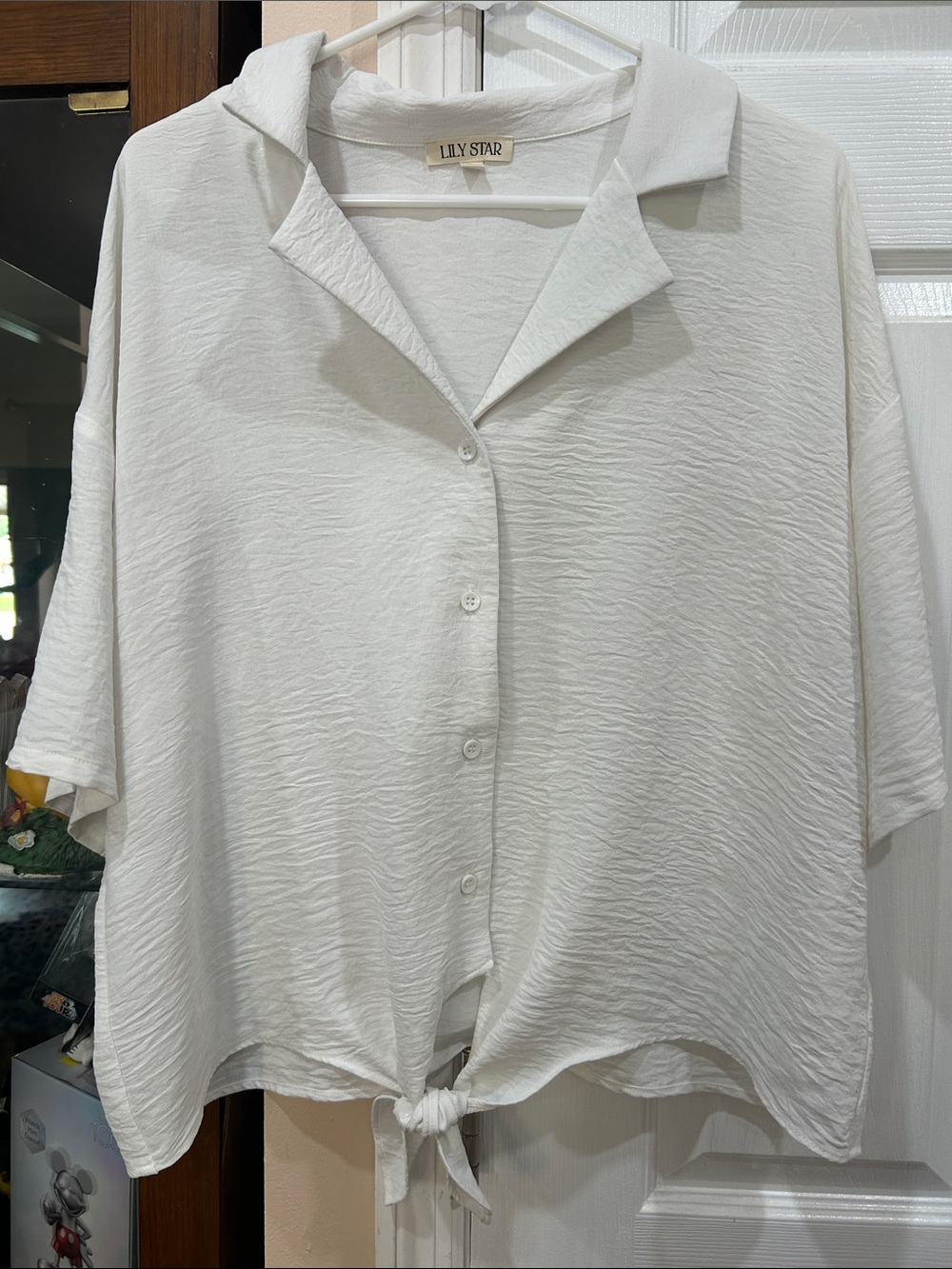 Lily Star Cream Short-Sleeve Button-Front Tie Shirt